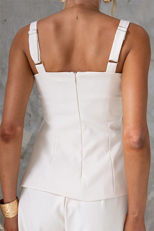 Adjustable Strap Slit Front Top and Pocketed Wide Leg Pants Set
