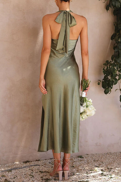 Sleeveless Cowl Neck Open Back Side Slit Midi Dress