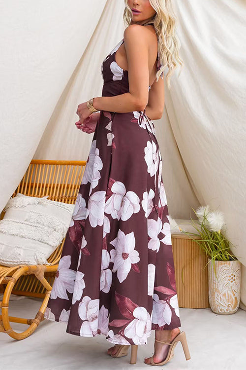 Halter V Neck Back Lace-up Floral Print Maxi Dress