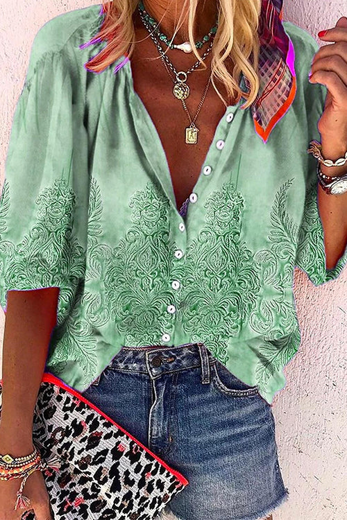 Long Sleeves Button Up Unique Print Shirt Green
