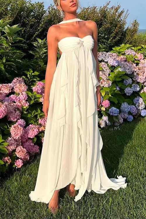 Sleeveless Open Back Ruffle Trim Slit Maxi Dress