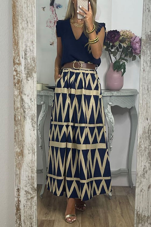 Pocketed Geometric Printed A-line Maxi Swing Skirt