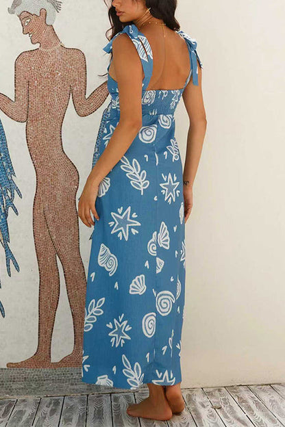 Bow Shoulder Sleeveless Seashell Print Maxi Dress