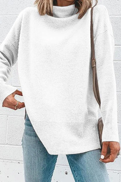 Turtleneck Drop Shoulder Long Sleeve Sweater Top White