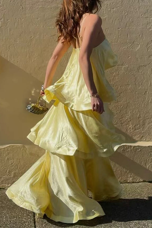 Spaghetti Strap Ruffle Layered Satin Maxi Dress