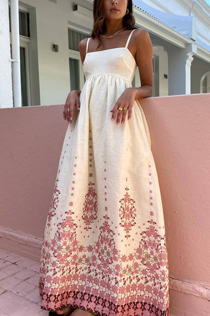 Spaghetti Strap High Waist Floral Print Cotton Linen Maxi Dress