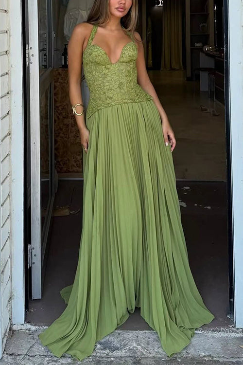 Halter Neck Back Lace-up Pleated Maxi Dress