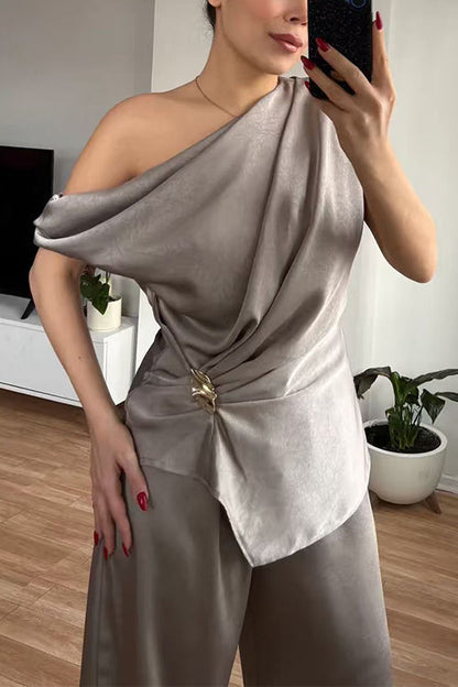 Asymmetrical Shoulder Ruched Top Straight Leg Pants Satin Set
