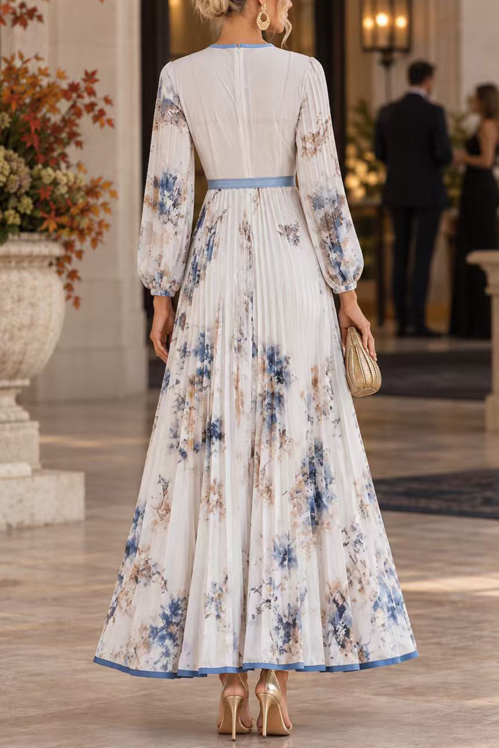 V Neck Lantern Long Sleeves Floral Print Pleated Maxi Dress (B)