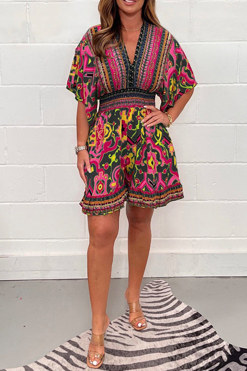 V Neck High Waist Wide Leg Printed Ruffle Romper Black