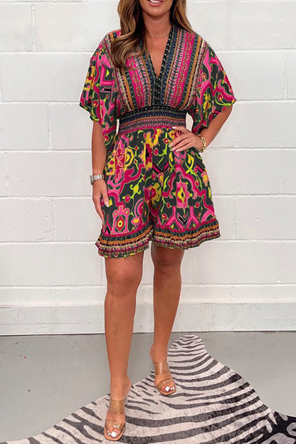 V Neck High Waist Wide Leg Printed Ruffle Romper Black