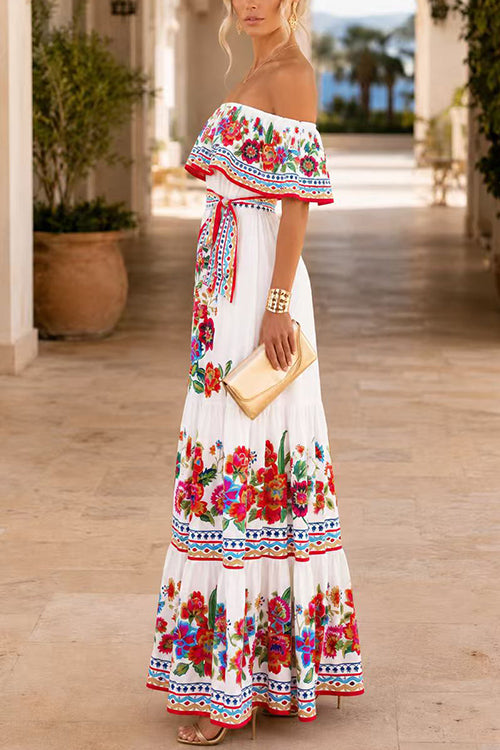 Off Shoulder Floral Print Ruffle Maxi Dress