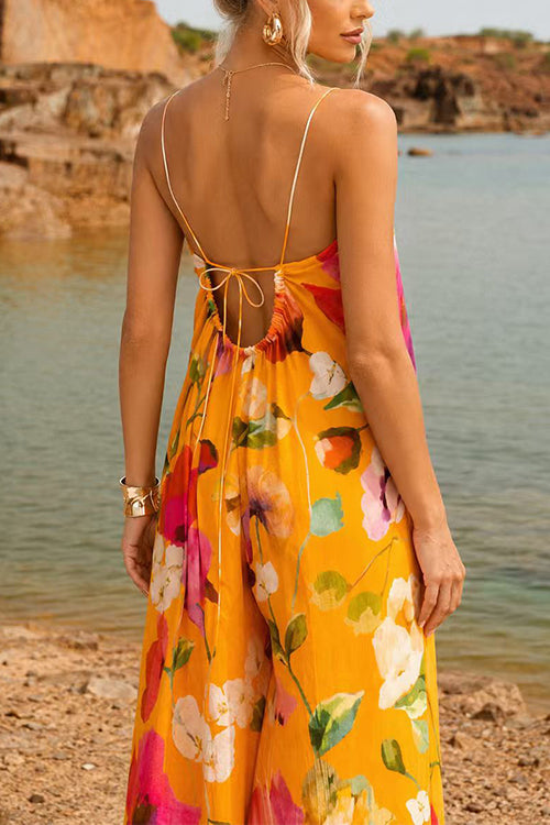 Sleeveless Open Back Floral Print Wide Leg Jumpsuit