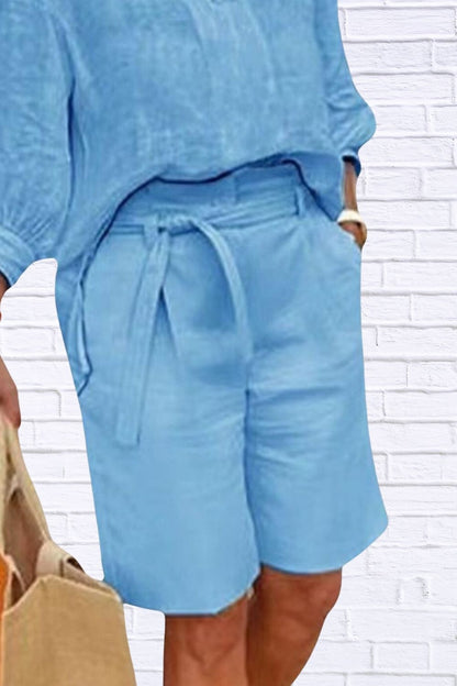 Plus Size Johnny Collar Top & Shorts Set for Women | 3/4 Sleeve Casual Matching Outfit | Comfortable Loungewear & Summer Set