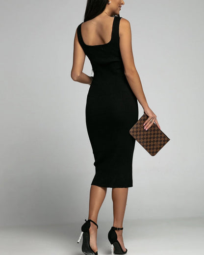 Clidress Simple Solid U Neck Wrap Shift Dress