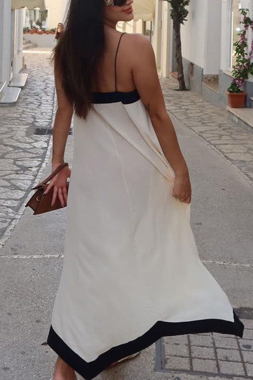 Spaghetti Strap V Neck Color Block Maxi Holiday Dress