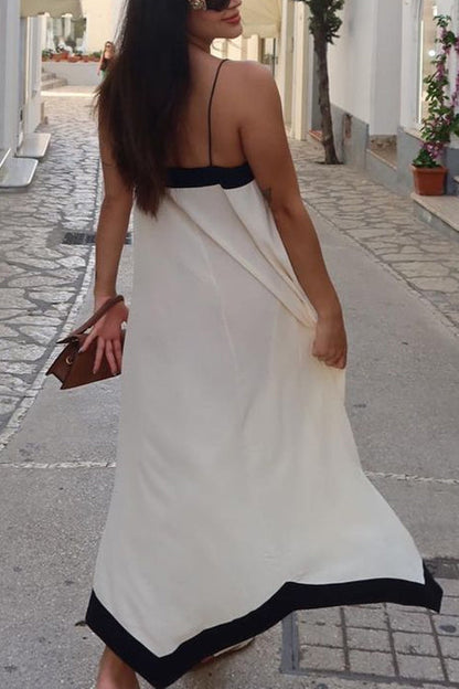 Spaghetti Strap V Neck Color Block Maxi Holiday Dress