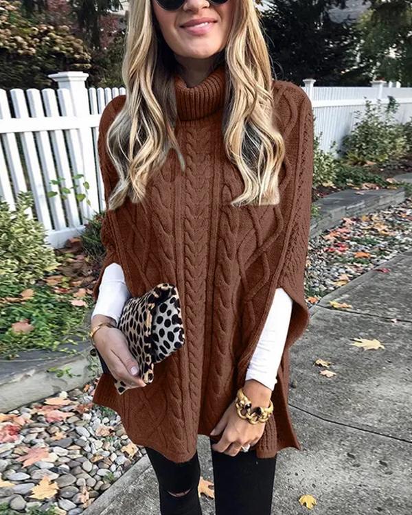 Clidresse Turtleneck Cable Cloak Poncho Sweater