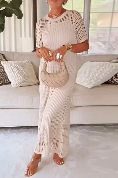 Crewneck Hollow Out Maxi Vacation Dress with Detachable Liner