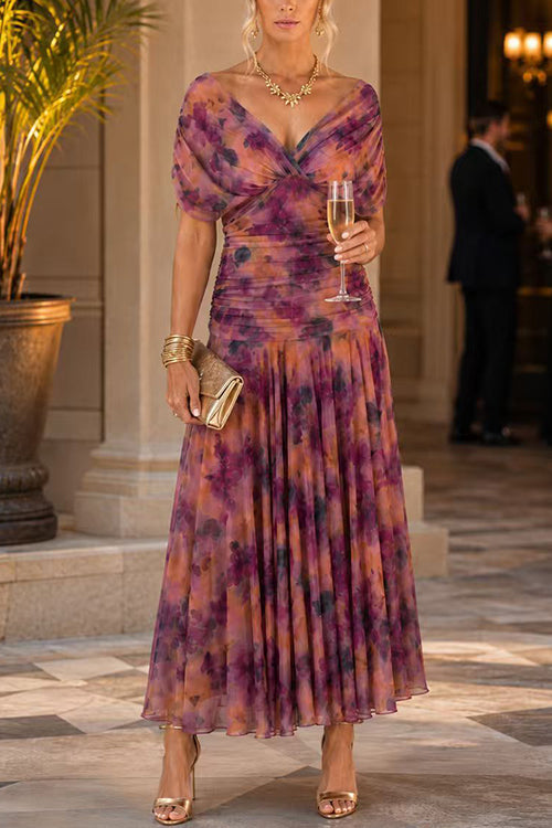 V Neck Short Sleeves Floral Print Maxi Dress