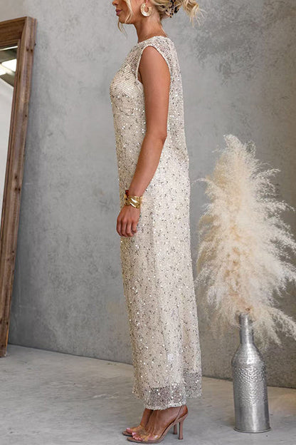 Sleeveless Side Slit Sequin Maxi Dress with Inner Lining