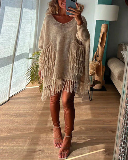 Clidress Oversized Tassel Poncho Sweater