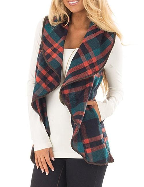 Lush Sleeveless Plaid Jacket Vest with Pockets