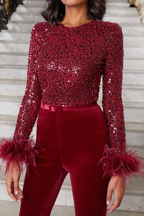 Feather-Paneled Long Sleeves Bell Bottoms Sequin Jumpsuit
