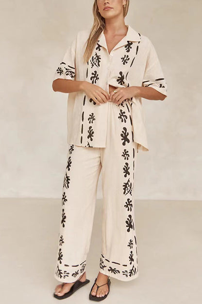 Cotton Linen Short Sleeves Button Down Shirt Elastic Waist Wide Leg Pants Printed Set