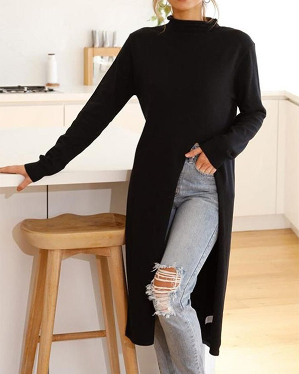 Clidress Mock Neck Side Knit Split Long Sweater