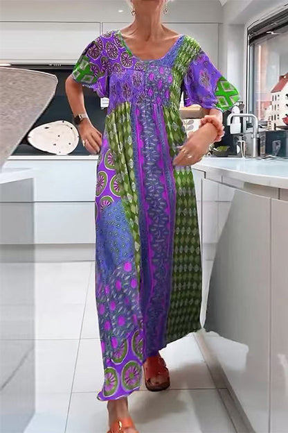Round Neck Short Sleeves Printed Maxi Dress