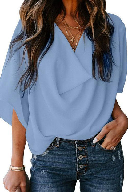 Cowl Neck Short Sleeve Drape Chiffon Shirt LightBlue