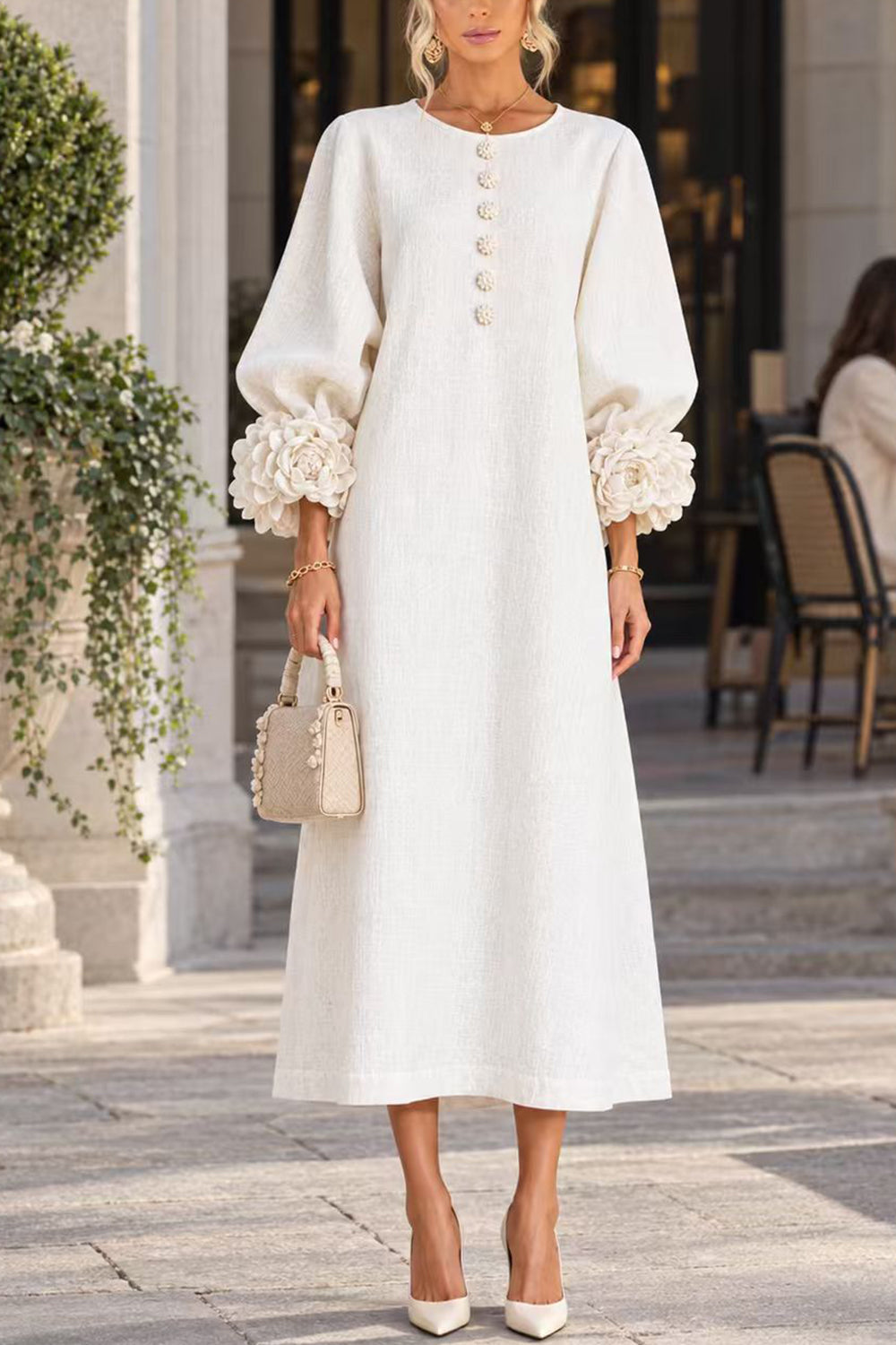 Floral Applique Puff Sleeve A-Line Midi Dress