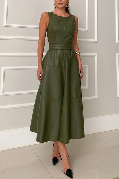 Sleeveless Tie Waist Ruffle Tiered Faux Leather Midi Dress