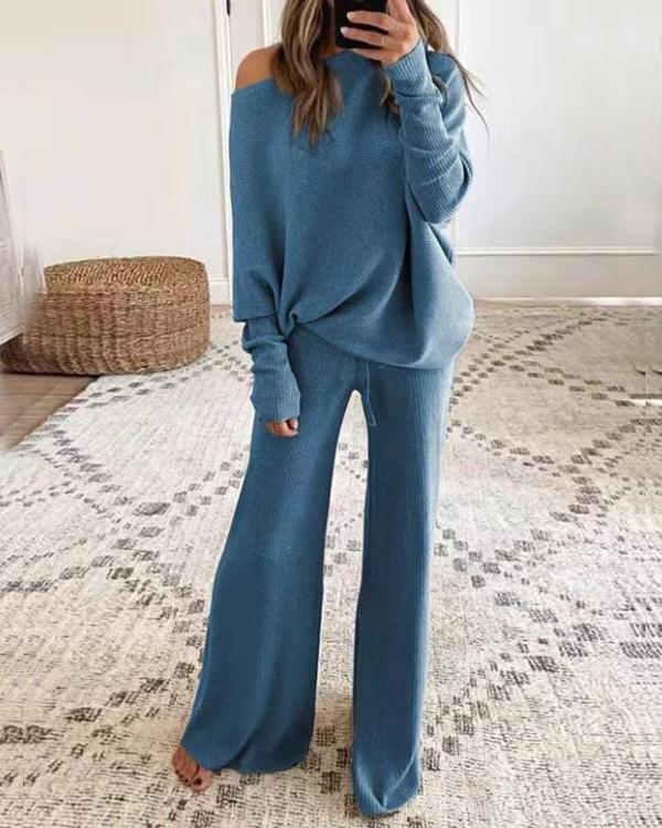 Clidress Sweater Wide Leg Knitting Pants 2 Pieces Set