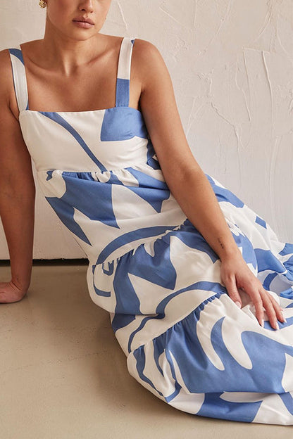 Backless Ruffle Tiered Printed Maxi Cami Dress