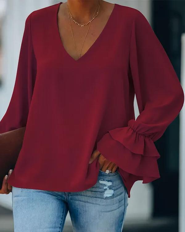 Clidress V Neck Scollop Sleeve Satin Top