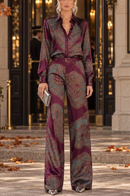 Lapel Long Sleeves Shirt High Rise Pocketed Straight Leg Pants Paisley Print Set (C)