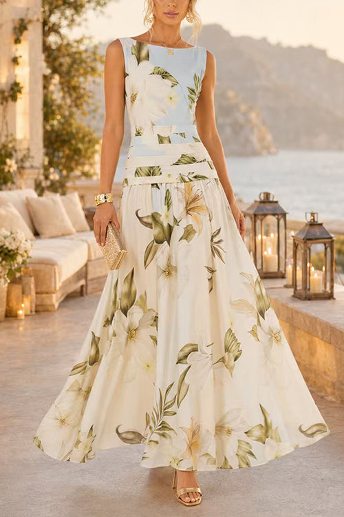 Boat Neck Sleeveless Floral Print Flowy Maxi Dress