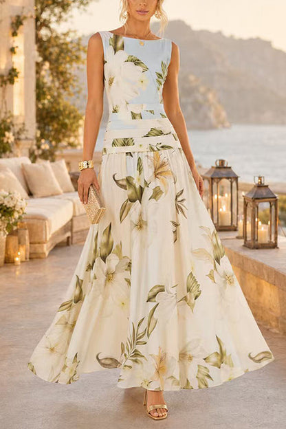 Boat Neck Sleeveless Floral Print Flowy Maxi Dress