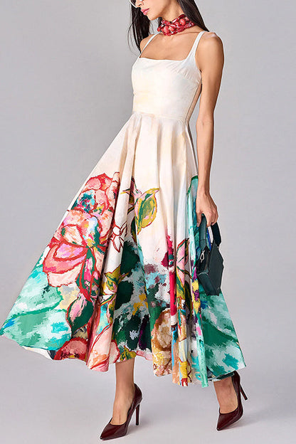 Square Neck Sleeveless Floral Print Midi Dress