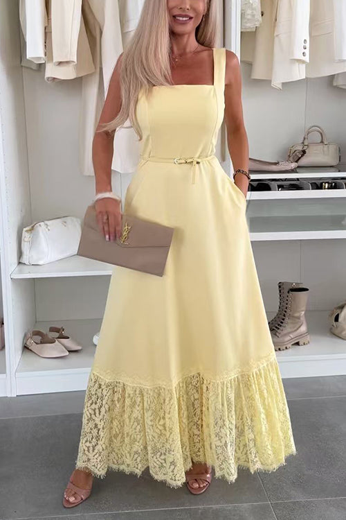 Square Neck Pocketed Lace Splice Maxi Cami Dress