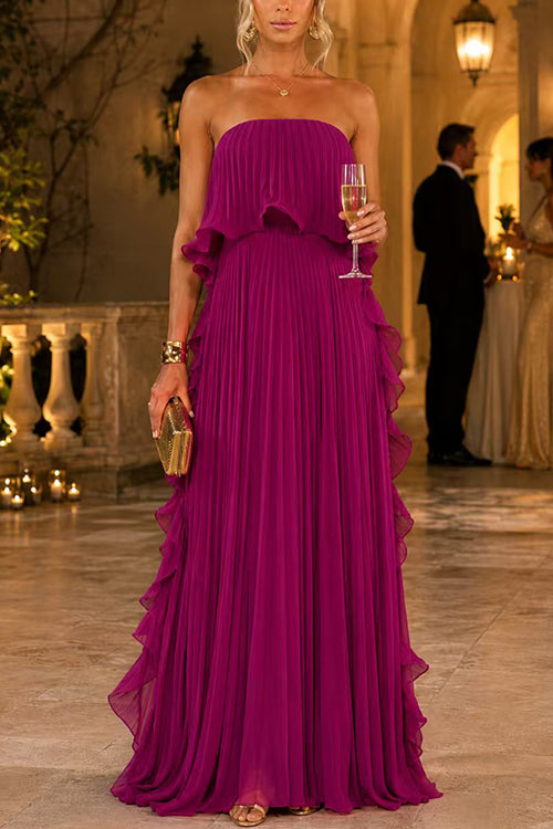 Strapless Tube Ruffle Hem Pleated Maxi Dress