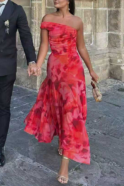 Off Shoulder Ruched Crop Top High Rise Maxi Skirt Printed Set