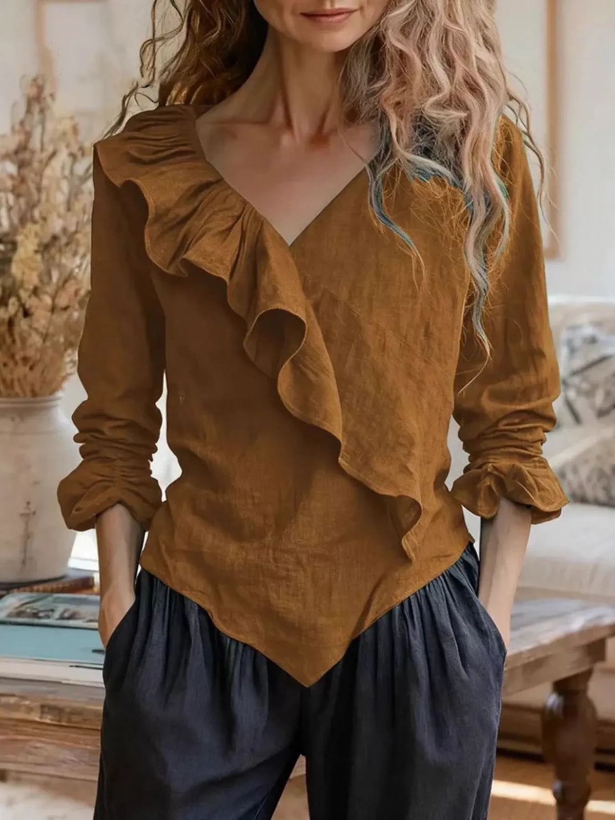 V-Neck Ruffled Long Sleeve Blouse