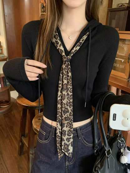 Long Sleeve Hooded T-Shirt with Leopard Scarf Detail