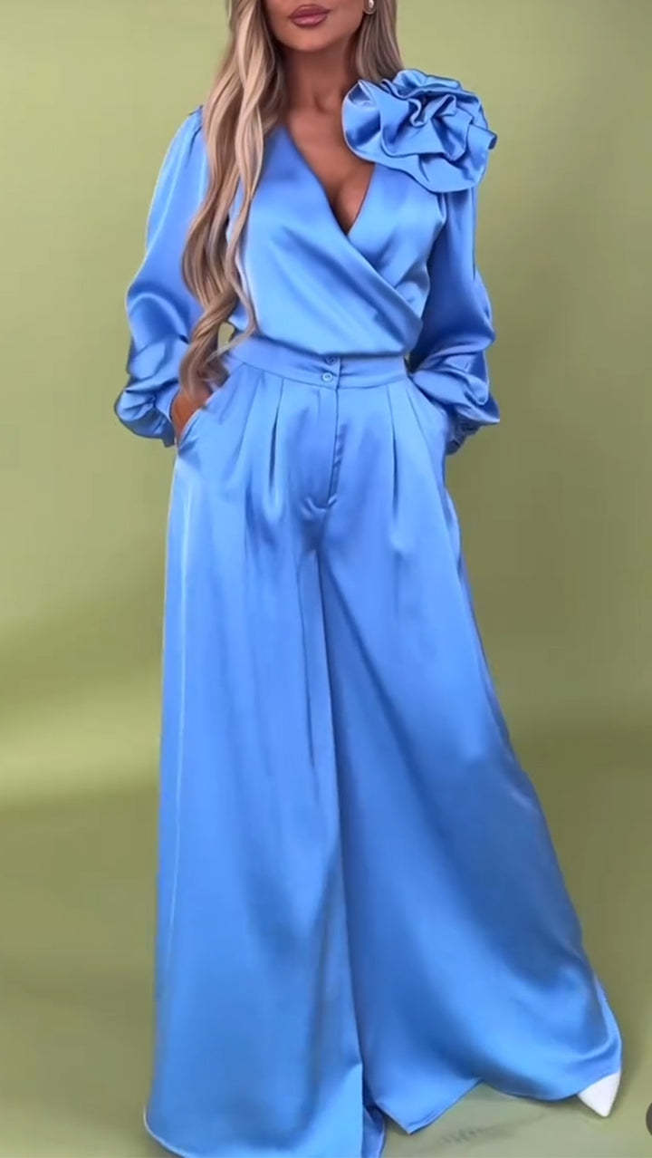 Women's Formal V-neck Satin Elegant Two-Piece Suits Blue S