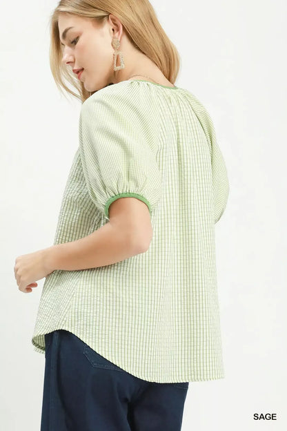 Umgee Checker Puff Sleeve Button Front Blouse