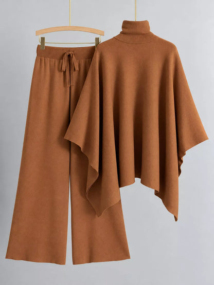 Turtleneck Poncho Pants Set with Wide-Leg Knit Pants