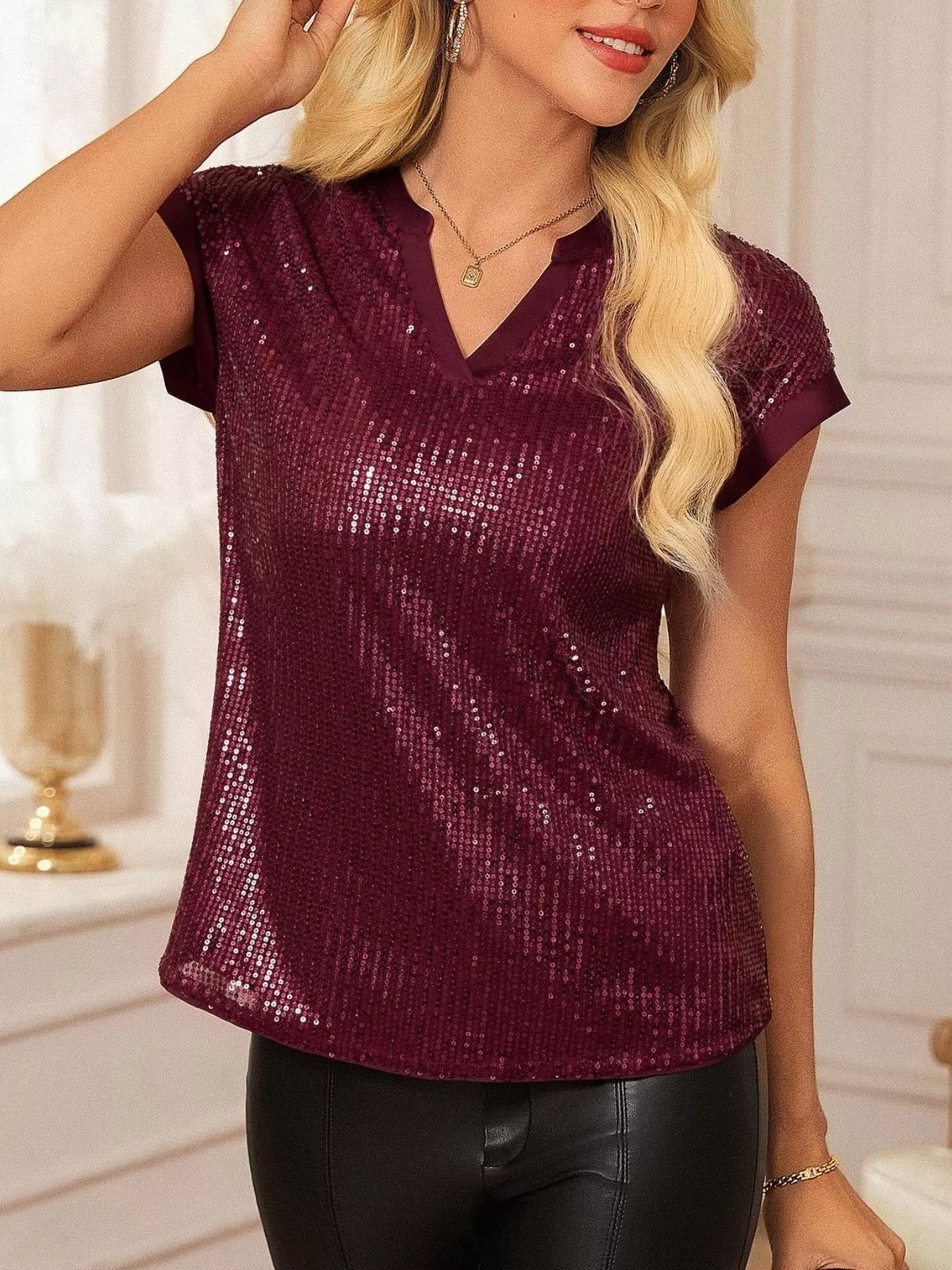 Sequin Notched Cap Sleeve Blouse